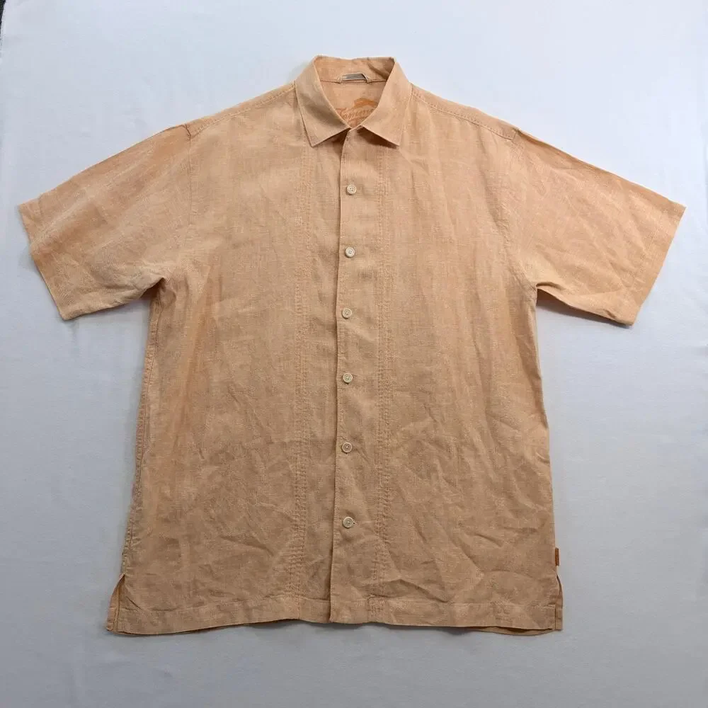 Tommy Bahama Mens Medium 100% Linen Camp Shirt Peach Embroidered Short Sleeve